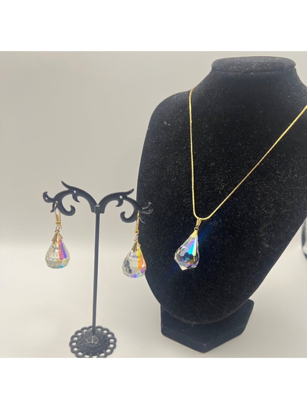 Vintage AB Crystal Teardrop Pendant Necklace Earrings Set Gold-Tone 24" Japan